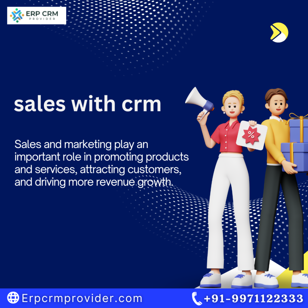 Sales with CRM promotional graphic showing sales and marketing tools.